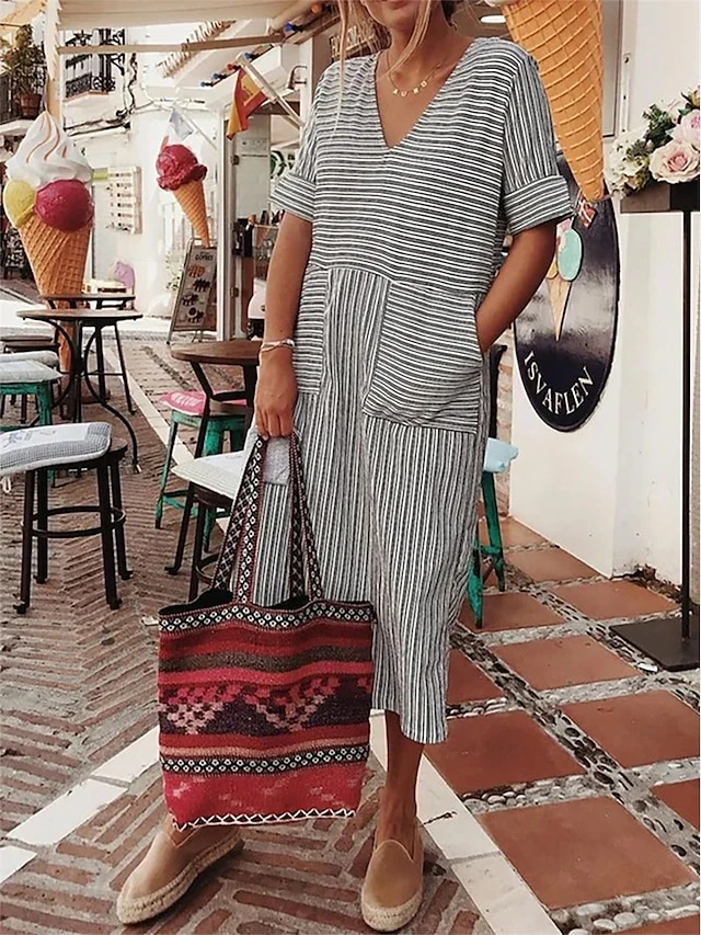Women's Casual Dress Cotton Linen Dress Midi Dress Cotton Blend Fashion Modern Outdoor Daily V Neck Pocket Rolled Cuff Half Sleeve Summer Spring Fall 2023 Loose Fit Gray Striped S M L XL 2XL 1 Women's Casual Dress Cotton Linen Dress Midi Dress Cotton Blend Fashion Modern Outdoor Daily V Neck Pocket Rolled Cuff Half Sleeve Summer Spring Fall 2023 Loose Fit Gray Striped S M L XL 2XL