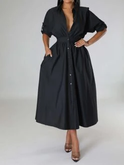 Women's Shirt Dress Casual Dress Swing Dress Maxi Long Dress Outdoor Daily Vacation Cotton And Linen Fashion Casual Shirt Collar Button Rolled Cuff Long Sleeve Spring Fall Winter 2023 Slim Black -Cheap Plus Fit Dress Store uoqgzc1695027664729
