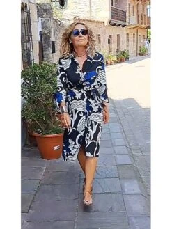 Women's Shirt Dress Work Dress Formal Dress Maxi Long Dress Daily Sports Date Polyester Fashion Elegant V Neck Tie Belt Print Long Sleeve Summer Spring Fall 2023 Regular Fit Blue Green Print Flower -Cheap Plus Fit Dress Store uoqjir1692674715735
