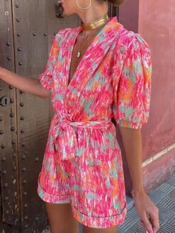 Women's Romper Lace Up Pocket Print V Neck Streetwear Street Daily Regular Fit Half Sleeve Red Purple S M L Summer -Cheap Plus Fit Dress Store uovcmi1683534901778