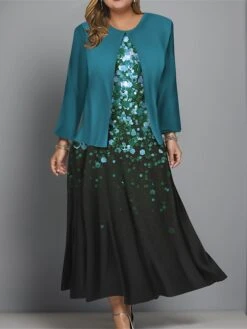 Women's Plus Size Two Piece Dress Set Casual Dress Swing Dress Outdoor Office Fashion Streetwear Print Midi Dress Crew Neck Long Sleeve Ombre Regular Fit Wine Navy Blue Blue Fall Winter L XL XXL 3XL -Cheap Plus Fit Dress Store upfmdg1697681150106