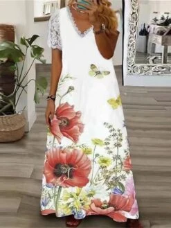 Women‘s Plus Size Curve Casual Dress A Line Dress Floral Butterfly Long Dress Maxi Dress Short Sleeve Lace Print V Neck Fashion Daily White Pink Summer Spring L XL XXL 3XL -Cheap Plus Fit Dress Store upghwy1678951766736