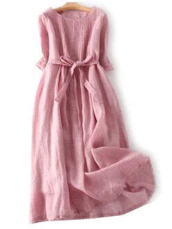 Women's Casual Dress A Line Dress Midi Dress Polyester Fashion Daily Outdoor Daily Vacation Crew Neck Ruched Tie Belt Long Sleeve Fall Winter Autumn 2023 Loose Fit Yellow Pink Purple Plain M L XL 2XL -Cheap Plus Fit Dress Store upsguj1693904173245