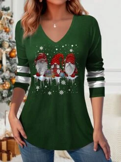 Women's Designer Shirt Christmas Shirt Black Red Green Santa's Helper Print Long Sleeve Party Christmas Weekend Festival / Holiday V Neck Regular Fit Painting Spring &Fall -Cheap Plus Fit Dress Store upzqfk1697595262976