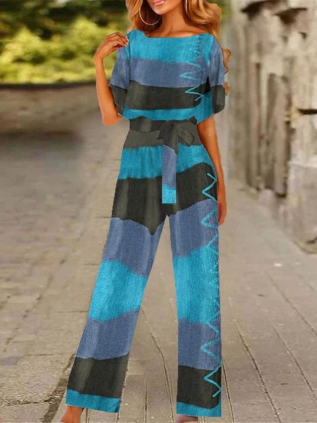 Women's Jumpsuit Drawstring Print Geometric Crew Neck Ordinary Daily Vacation Straight Loose Fit Short Sleeve T-shirt Sleeve Yellow Red Blue S M L All Seasons 2 Women's Jumpsuit Drawstring Print Geometric Crew Neck Ordinary Daily Vacation Straight Loose Fit Short Sleeve T-shirt Sleeve Yellow Red Blue S M L All Seasons - Image 2