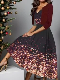 Women's Two Piece Dress Set Casual Dress Swing Dress Outdoor Daily Fashion Elegant Print Midi Dress V Neck Half Sleeve Ombre Regular Fit Wine Blue Gold Fall Winter S M L XL XXL