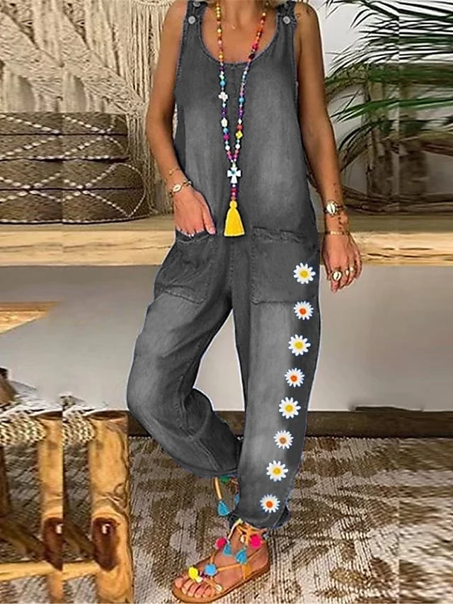 Denim Jumpsuit For Women Overall Pocket Print Floral U Neck Active Vacation Weekend Cargo Loose Fit Sleeveless Dark Gray Light Blue S M L Summer Fall Cowgirl Jeans & Western Wear 2 Denim Jumpsuit For Women Overall Pocket Print Floral U Neck Active Vacation Weekend Cargo Loose Fit Sleeveless Dark Gray Light Blue S M L Summer Fall Cowgirl Jeans & Western Wear - Image 2