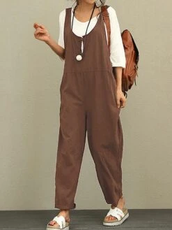 Women's Jumpsuit Pocket Maillard Solid Color Deep U Streetwear Street Daily Straight Loose Fit Sleeveless Brown Green Khaki S M L Fall