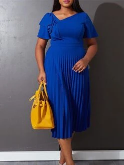Women‘s Plus Size Curve Party Dress Solid Color V Neck Ruched Short Sleeve Fall Spring Work Prom Dress Maxi Long Dress Party Holiday Dress Ruffle -Cheap Plus Fit Dress Store uskxjq1648636997594