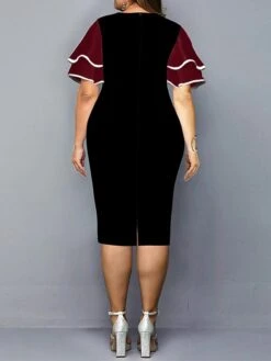 Women‘s Plus Size Curve Work Dress Bodycon Sheath Dress Color Block Midi Dress Half Sleeve Ruffle Crew Neck Fashion Outdoor Wine Red Fall Spring XL XXL 3XL 4XL 5XL -Cheap Plus Fit Dress Store ussivg1673251737233