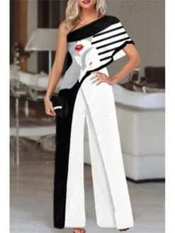 Women's Jumpsuit For Special Occasions Print One Shoulder Elegant Party Prom Regular Fit Half Sleeve S M L SummerFall -Cheap Plus Fit Dress Store usucnw1680253442999
