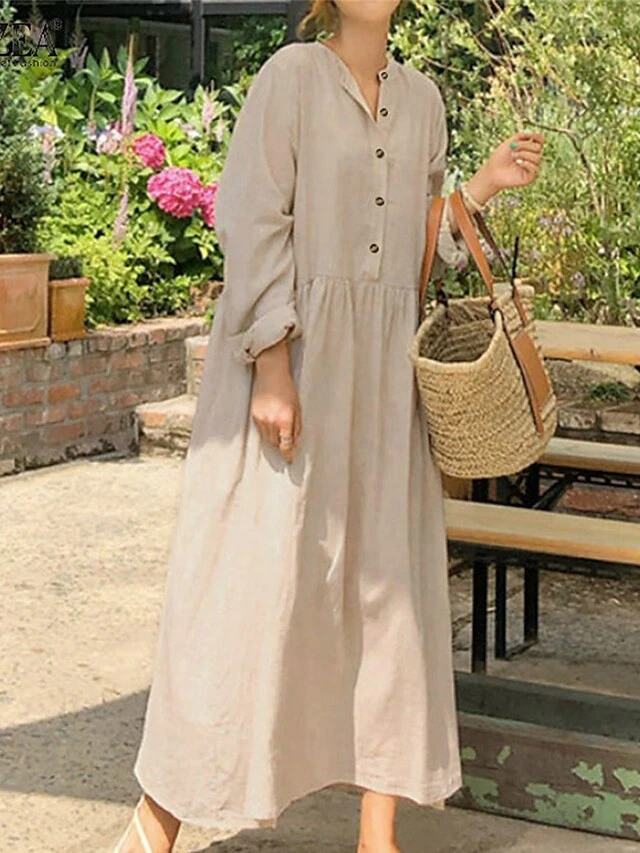 Women's Casual Dress Cotton Linen Dress Swing Dress Maxi Long Dress Linen Basic Classic Outdoor Daily Vacation V Neck Ruched Button Long Sleeve Summer Spring Fall 2023 Loose Fit Black Wine Apricot 2 Women's Casual Dress Cotton Linen Dress Swing Dress Maxi Long Dress Linen Basic Classic Outdoor Daily Vacation V Neck Ruched Button Long Sleeve Summer Spring Fall 2023 Loose Fit Black Wine Apricot - Image 2