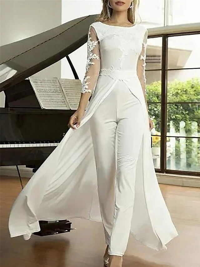 Women's Jumpsuit Lace Solid Color Crew Neck Streetwear Wedding Party Regular Fit Long Sleeve White S M L Summer 1 Women's Jumpsuit Lace Solid Color Crew Neck Streetwear Wedding Party Regular Fit Long Sleeve White S M L Summer