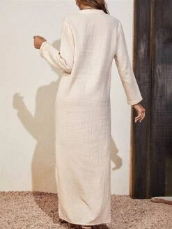 Women's Casual Dress Cotton Linen Dress Maxi Long Dress Linen / Cotton Blend Basic Classic Outdoor Daily Vacation Split Neck Split 3/4 Length Sleeve Summer Spring Fall 2023 Loose Fit Apricot Plain XS -Cheap Plus Fit Dress Store uttdov1690268528661