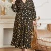 Women's Plus Size Prom Dress Party Dress Wedding Guest Dress Long Dress Maxi Dress Black Long Sleeve Print Ruched Fall Winter Autumn V Neck Fashion Winter Dress Evening Party Wedding Guest 2023 L XL