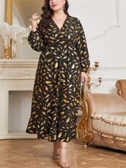 Women's Plus Size Prom Dress Party Dress Wedding Guest Dress Long Dress Maxi Dress Black Long Sleeve Print Ruched Fall Winter Autumn V Neck Fashion Winter Dress Evening Party Wedding Guest 2023 L XL