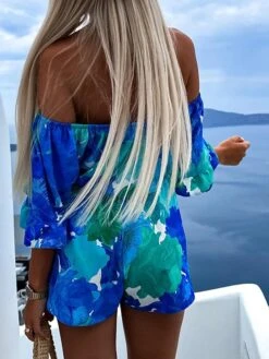 Women's Romper Ruffle Print Floral Off Shoulder Streetwear Street Daily Regular Fit Half Sleeve Red Blue Light Blue S M L Summer Waist Tie -Cheap Plus Fit Dress Store uubcna1684231080095