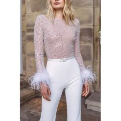 Women's Jumpsuit For Special Occasions Party Solid Color Feather Patchwork Wide Leg Long Sleeve Cocktail Fall -Cheap Plus Fit Dress Store uudchg1677832662758