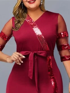 Women's Plus Size Party Dress Sequin Dress Cocktail Dress Midi Dress Wine Half Sleeve Pure Color Lace Up Summer Spring Fall V Neck Fashion Wedding Guest Birthday Vacation 2023 XL XXL 3XL 4XL 5XL -Cheap Plus Fit Dress Store uudfff1691723189159