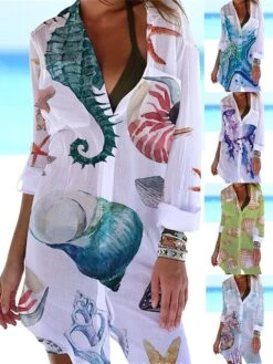 Women's Shirt Dress Cover Up Beach Wear Mini Dress Pocket Print Fashion Casual Fish Turndown 3/4 Length Sleeve Loose Fit Outdoor Daily White Blue 2023 Summer Spring S M L XL
