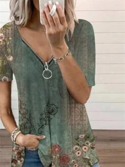 Women's T Shirt Tee Blue Purple Orange Floral Quarter Zip Print Short Sleeve Casual Holiday Basic V Neck Regular Fit Floral Sleeveless -Cheap Plus Fit Dress Store uvgxsj1680606191373