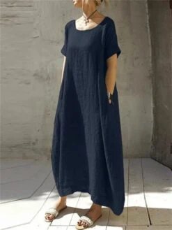 Women's Cotton Linen Dress Casual Dress Maxi Long Dress Cotton Blend Casual Outdoor Daily Vacation Crew Neck Pocket Short Sleeve Summer Spring 2023 Loose Fit Navy Blue Camel Brown Pure Color S M L XL