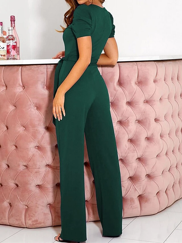Women's Jumpsuit Lace Up Beaded Solid Color V Neck Elegant Office Christmas Xmas Regular Fit Short Sleeve Black Army Green Red S M L Fall 15 Women's Jumpsuit Lace Up Beaded Solid Color V Neck Elegant Office Christmas Xmas Regular Fit Short Sleeve Black Army Green Red S M L Fall - Image 15