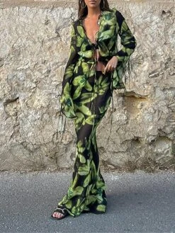 Women's Two Piece Dress Set Casual Dress Skirt Set Daily Going Out Casual Drawstring Cut Out Long Dress Maxi Dress V Neck Long Sleeve Print Slim Green Fall S M L
