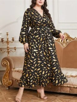 Women's Plus Size Prom Dress Party Dress Wedding Guest Dress Long Dress Maxi Dress Black Long Sleeve Print Ruched Fall Winter Autumn V Neck Fashion Winter Dress Evening Party Wedding Guest 2023 L XL -Cheap Plus Fit Dress Store uvzhcs1693535312221