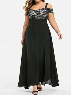 Women‘s Plus Size Curve Party Dress Homecoming Dress Formal Dress Solid Color Long Dress Maxi Dress Short Sleeve Lace Strap Modern Party Black Wine Summer Spring L XL XXL 3XL 4XL -Cheap Plus Fit Dress Store uwcgwk1672986718155
