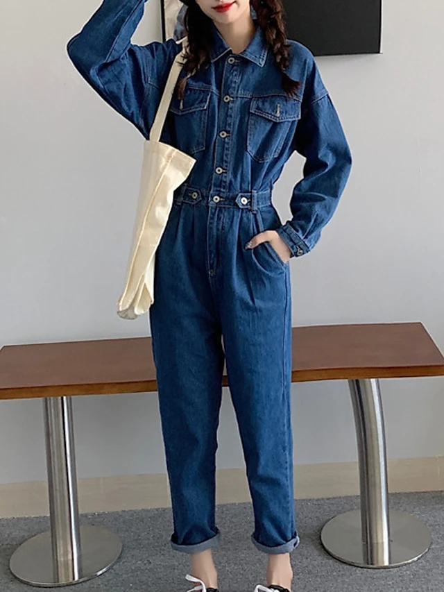 Women's Jumpsuit Button High Waist Solid Color Shirt Collar Streetwear Street Going Out Regular Fit Long Sleeve Blue S M L Winter 1 Women's Jumpsuit Button High Waist Solid Color Shirt Collar Streetwear Street Going Out Regular Fit Long Sleeve Blue S M L Winter