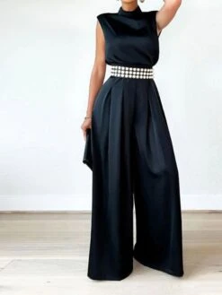 Women Party Jumpsuit Clean Fit Dressy Solid Color Turtleneck Vacation Regular Fit Sleeveless Red Apricot Black S M L SpringFall(Without Belt)