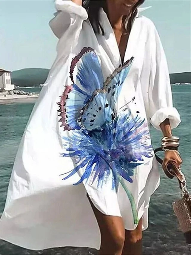 Women's Shirt Dress Casual Dress Shift Dress Midi Dress Outdoor Daily Date Polyester Classic Modern Shirt Collar Split Print Long Sleeve Summer Spring Fall 2023 Loose Fit White Blue Animal Butterfly 2 Women's Shirt Dress Casual Dress Shift Dress Midi Dress Outdoor Daily Date Polyester Classic Modern Shirt Collar Split Print Long Sleeve Summer Spring Fall 2023 Loose Fit White Blue Animal Butterfly - Image 2