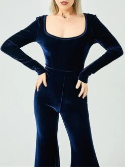 Women‘s Jumpsuit High Waist Velvet Disco Queen Wedding Solid Color U Neck Daily Regular Fit Long Sleeve Wine Navy Blue S M L Fall -Cheap Plus Fit Dress Store uxbgtq1693388131921