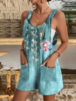 Women's Overall Pocket Print Floral U Neck Casual Daily Going Out Baggy Shorts Loose Fit Strap Blue Dusty Blue Green S M L Summer