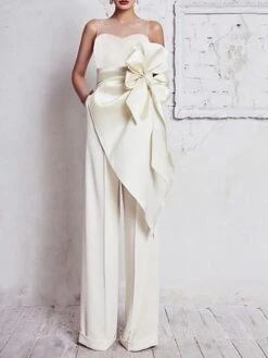 Women's Jumpsuit Bow Solid Color Elegant Wedding Party Regular Fit Sleeveless White S M L Summer