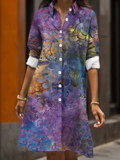 Women's Shirt Dress Casual Dress Midi Dress Outdoor Daily Date Polyester Fashion Modern Shirt Collar Button Pocket Long Sleeve Fall Winter 2023 Loose Fit ArmyGreen Rusty Red Lavender Floral S M L XL -Cheap Plus Fit Dress Store uyjdwd1695208432766