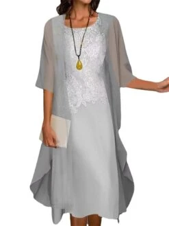 Women's Two Piece Dress Set Casual Dress Lace Dress Outdoor Daily Fashion Casual Lace Midi Dress Crew Neck 3/4 Length Sleeve Plain Regular Fit Blue Gray Spring Summer S M L XL 4XL -Cheap Plus Fit Dress Store uyqogb1675853242918