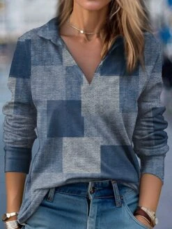 Women's T Shirt Tee Red Blue Purple Plaid Print Long Sleeve Daily Weekend Fashion Shirt Collar Regular Fit Painting Spring &Fall