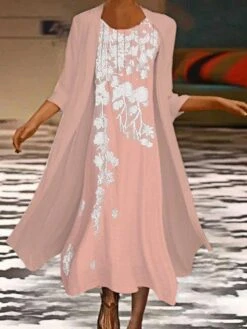 Women's Two Piece Dress Set Casual Dress Two Piece Dress Outdoor Daily Fashion Streetwear Print Midi Dress Crew Neck 3/4 Length Sleeve Floral Regular Fit Pink Blue Green Summer Spring S M L XL XXL -Cheap Plus Fit Dress Store uzhhfy1694517222476