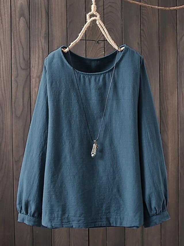 Women's Shirt Blouse Cotton Light Blue Black White Plain Long Sleeve Causal Crew Neck Regular Fit Spring Fall 2 Women's Shirt Blouse Cotton Light Blue Black White Plain Long Sleeve Causal Crew Neck Regular Fit Spring Fall - Image 2