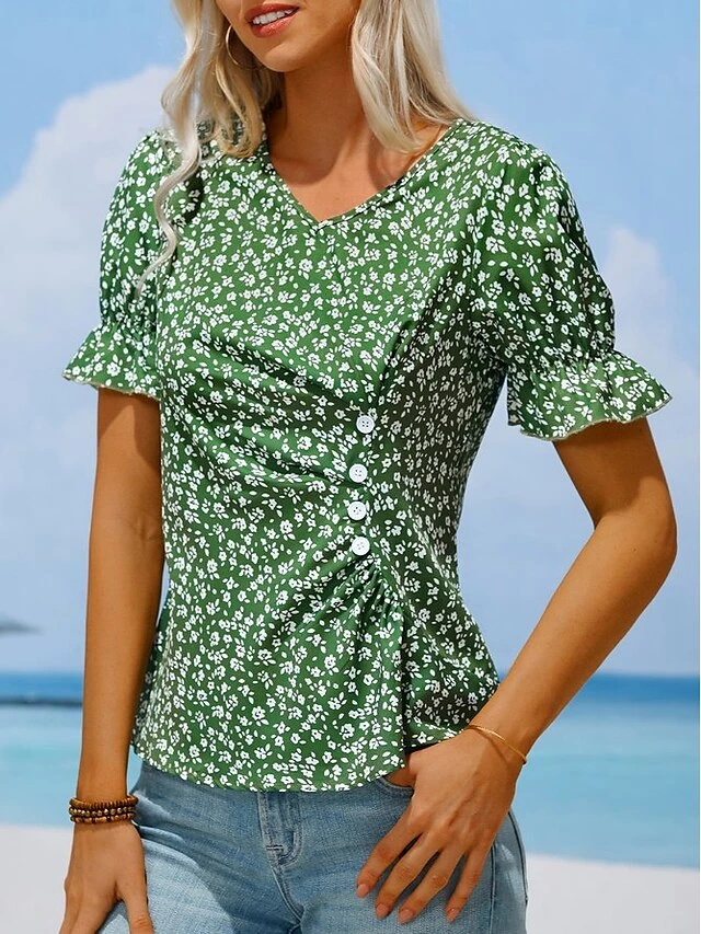 Women's Shirt Blouse Black Red Royal Blue Floral Button Print Short Sleeve Holiday Casual V Neck Regular Fit Floral Puff Sleeve 5 Women's Shirt Blouse Black Red Royal Blue Floral Button Print Short Sleeve Holiday Casual V Neck Regular Fit Floral Puff Sleeve - Image 5