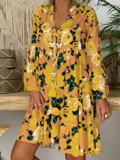 Women‘s Plus Size Curve Casual Dress Floral V Neck Print Long Sleeve Fall Spring Casual Short Mini Dress Daily Vacation Dress -Cheap Plus Fit Dress Store vagric1660643931759