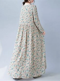 Women's Casual Dress Linen Dress Swing Dress Maxi Long Dress Linen Fashion Modern Outdoor Daily Holiday Crew Neck Print Long Sleeve Fall Winter Autumn 2023 Loose Fit Apricot Flower L XL 2XL -Cheap Plus Fit Dress Store vanjmy1693553172049