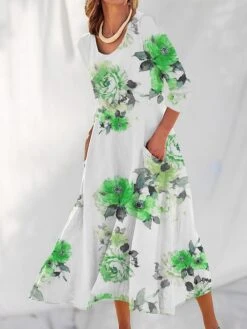 Women's Casual Dress Cotton Linen Dress Swing Dress Maxi Long Dress Polyester Fashion Casual Daily Outdoor Daily Vacation V Neck Pocket Print Long Sleeve Summer Spring Fall 2023 Loose Fit Light Green -Cheap Plus Fit Dress Store vanono1690539145260