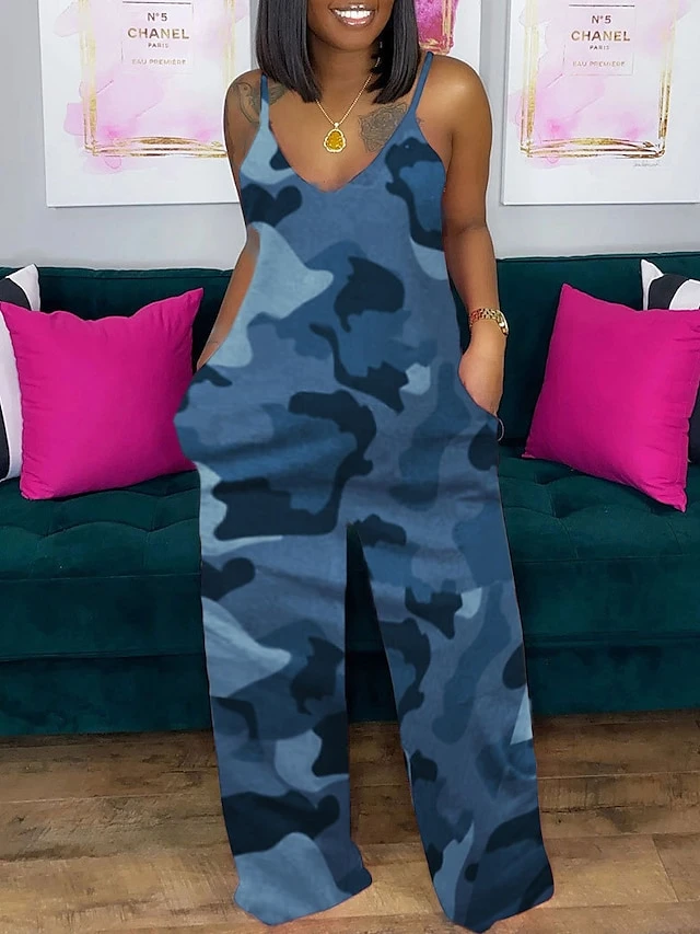 Women's Jumpsuit Print V Neck Streetwear Daily Vacation Wide Leg Regular Fit Spaghetti Strap Camouflage Blue Camouflage Burgundy Camouflage Grey S M L Spring / Plus Size 6 Women's Jumpsuit Print V Neck Streetwear Daily Vacation Wide Leg Regular Fit Spaghetti Strap Camouflage Blue Camouflage Burgundy Camouflage Grey S M L Spring / Plus Size - Image 6