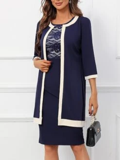 Women's Two Piece Dress Set Party Dress Lace Dress Party Office Fashion Elegant Lace Patchwork Midi Dress Crew Neck 3/4 Length Sleeve Plain Regular Fit Navy Blue Fall Winter S M L XL XXL -Cheap Plus Fit Dress Store vbtyhr1697450718763