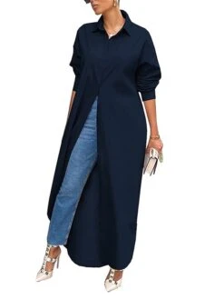 Women's Shirt Dress Casual Dress Midi Dress Outdoor Daily Vacation Polyester Fashion Modern Shirt Collar Split Long Sleeve Fall Winter 2023 Loose Fit Black White Yellow Plain S M L XL XXL -Cheap Plus Fit Dress Store vbxwdu1692342898017