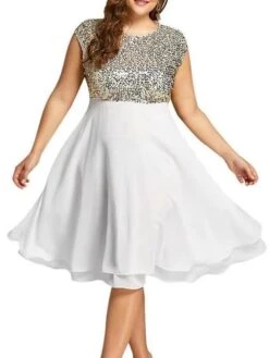 Women‘s Plus Size Curve Party Dress Sequin Dress Homecoming Dress Solid Color Midi Dress Short Sleeve Mesh Patchwork Crew Neck Classic Party Black White Spring Summer XL 3XL 4XL 5XL -Cheap Plus Fit Dress Store vcdpak1672986683968