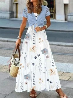 Women's Two Piece Dress Set Casual Dress Swing Dress Outdoor Daily Fashion Elegant Lace Up Lace Long Dress Maxi Dress Crew Neck Short Sleeve Floral Regular Fit Blue Summer Spring S M L XL XXL